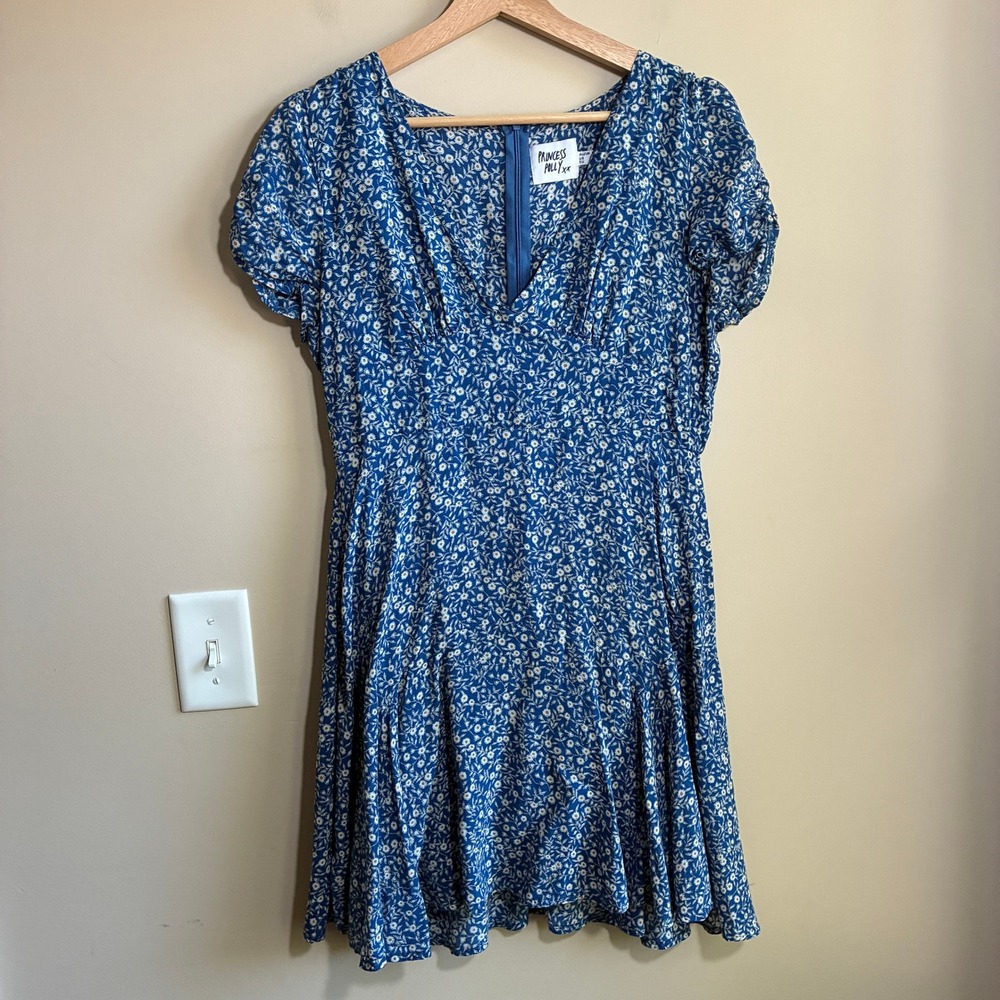 Princess Polly Floral Mini Dress 8 Blue Womens Rayon V-Neck Short Sleeve